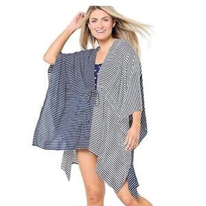 Lands’ End Ivory & Navy Striped Kimono Cardigan – One Size – NWT